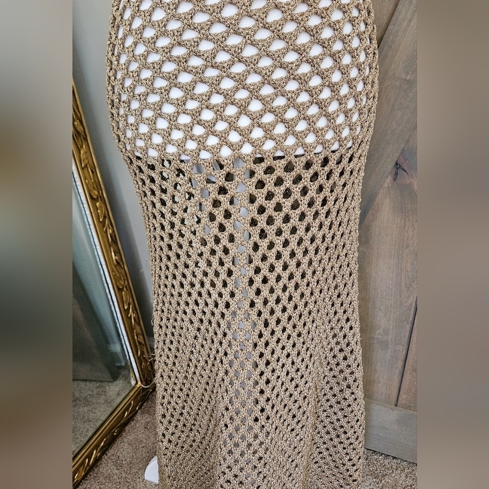 Zara Metallic Crochet Fishnet Midi Dress Gold Open Knit Cover Up Size Small - Picture 5 of 16